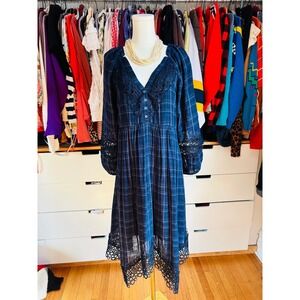 Anthro Akemi‎ + Kin Plaid Midi Dress Womens 10 Blue Crochet Lace Handkerchief